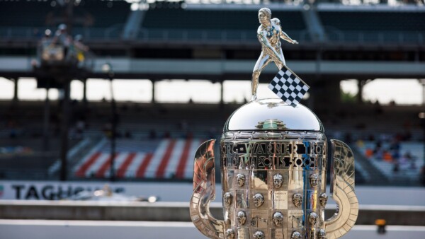 The Borg-Warner Trophy on display at the Indianapolis Motor Speedway