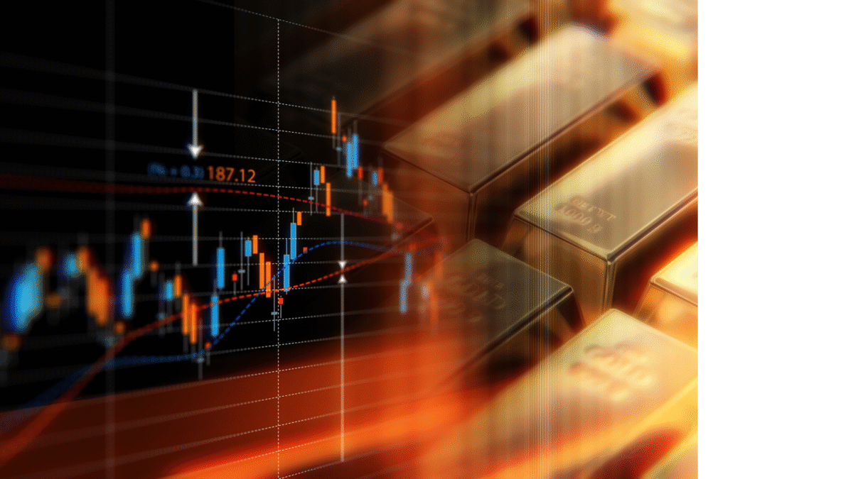 Gold bars with stock market chart.